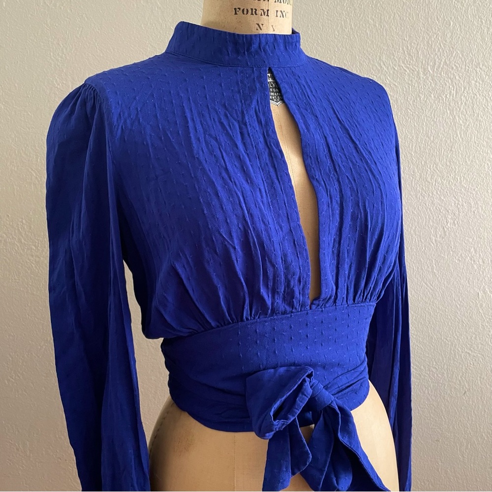 Electric Blue Rayon Keyhole Blouse with Wrap Sash